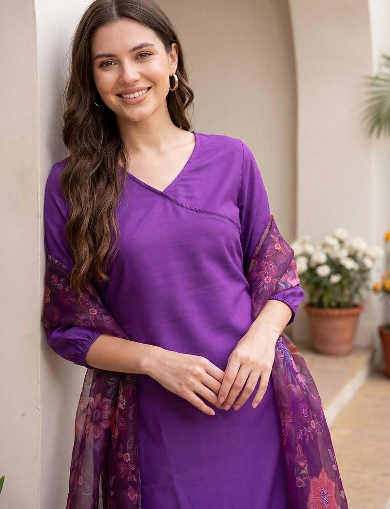 Women Floral Angrakha Kurta with Trousers & With Dupatta