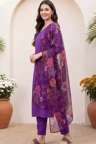 Women Floral Angrakha Kurta with Trousers & With Dupatta