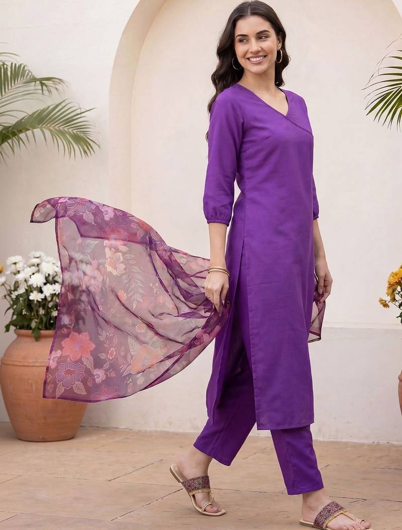 Women Floral Angrakha Kurta with Trousers & With Dupatta