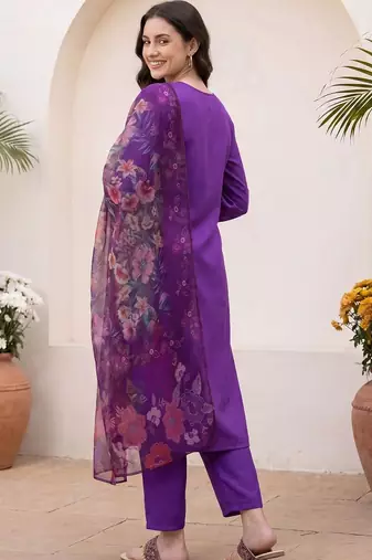 Women Floral Angrakha Kurta with Trousers & With Dupatta
