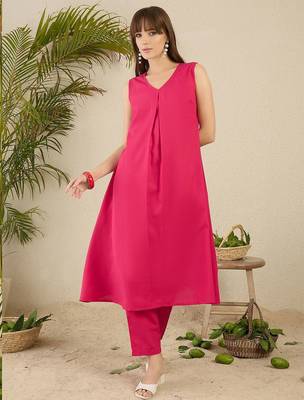 Pink Solid A-Line Kurta Trousers Set 2