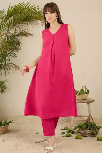 Pink Solid A-Line Kurta Trousers Set