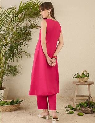 Pink Solid A-Line Kurta Trousers Set 5