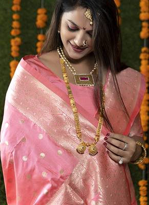 Baby pink woven banarasi silk blend saree with blouse 3