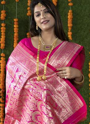 Rani pink woven banarasi silk blend saree with blouse 3