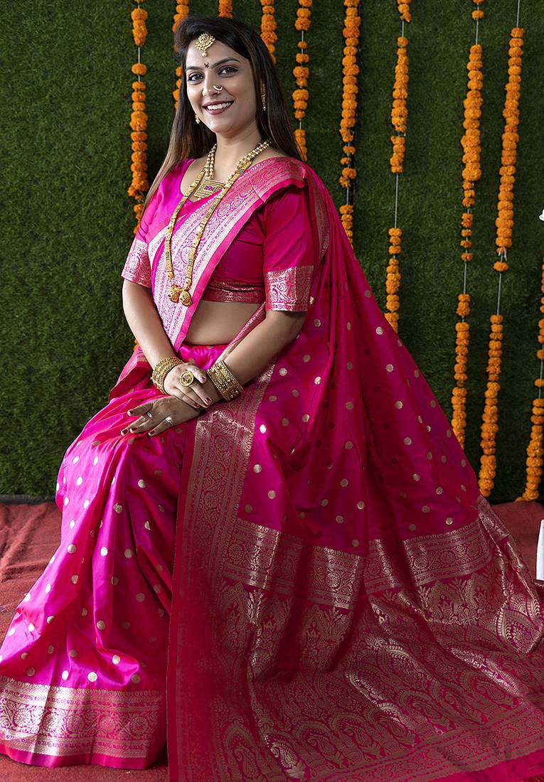 Rani pink woven banarasi silk blend saree with blouse