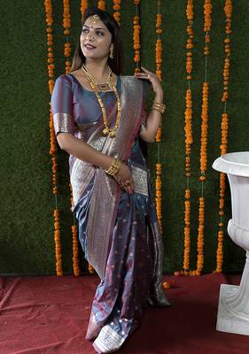 Steel grey woven banarasi silk blend saree with blouse 1