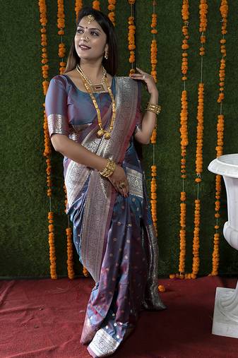 Steel grey woven banarasi silk blend saree with blouse