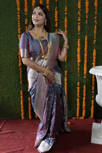 Steel grey woven banarasi silk blend saree with blouse