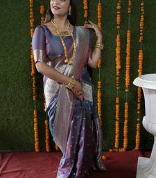 Steel grey woven banarasi silk blend saree with blouse