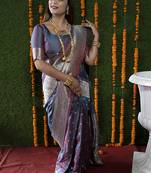Steel grey woven banarasi silk blend saree with blouse