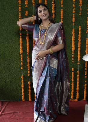 Steel grey woven banarasi silk blend saree with blouse 2