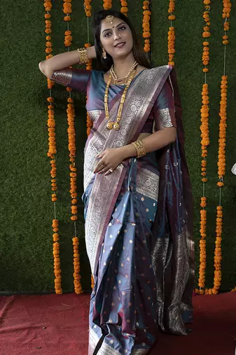 Steel grey woven banarasi silk blend saree with blouse