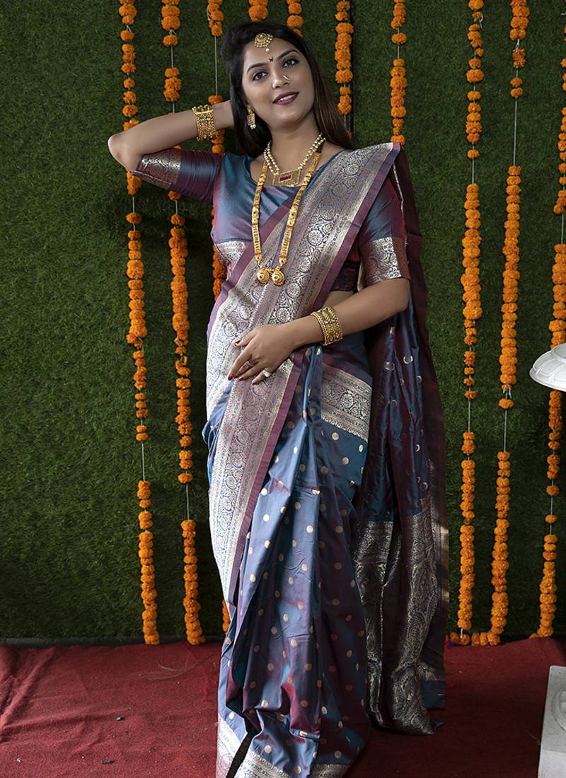 Steel grey woven banarasi silk blend saree with blouse