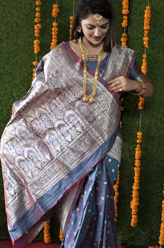 Steel grey woven banarasi silk blend saree with blouse