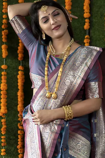 Steel grey woven banarasi silk blend saree with blouse