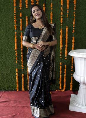 Black woven banarasi silk blend saree with blouse 1