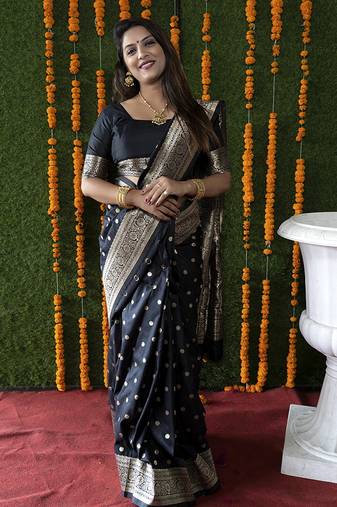 Black woven banarasi silk blend saree with blouse