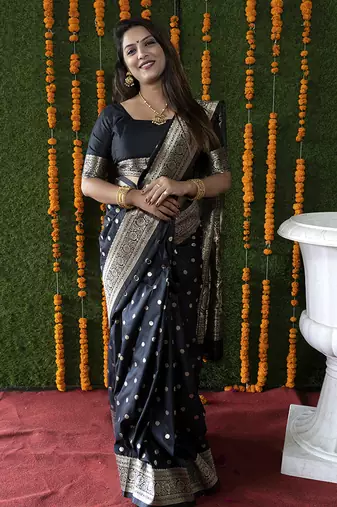 Black woven banarasi silk blend saree with blouse
