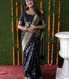 Black woven banarasi silk blend saree with blouse