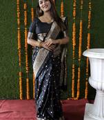 Black woven banarasi silk blend saree with blouse