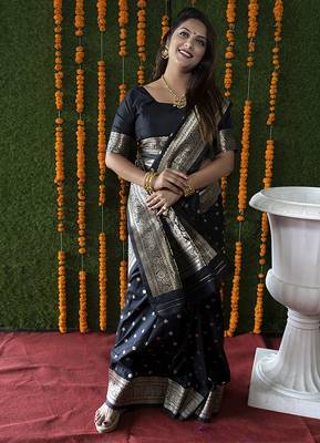 Black woven banarasi silk blend saree with blouse 2