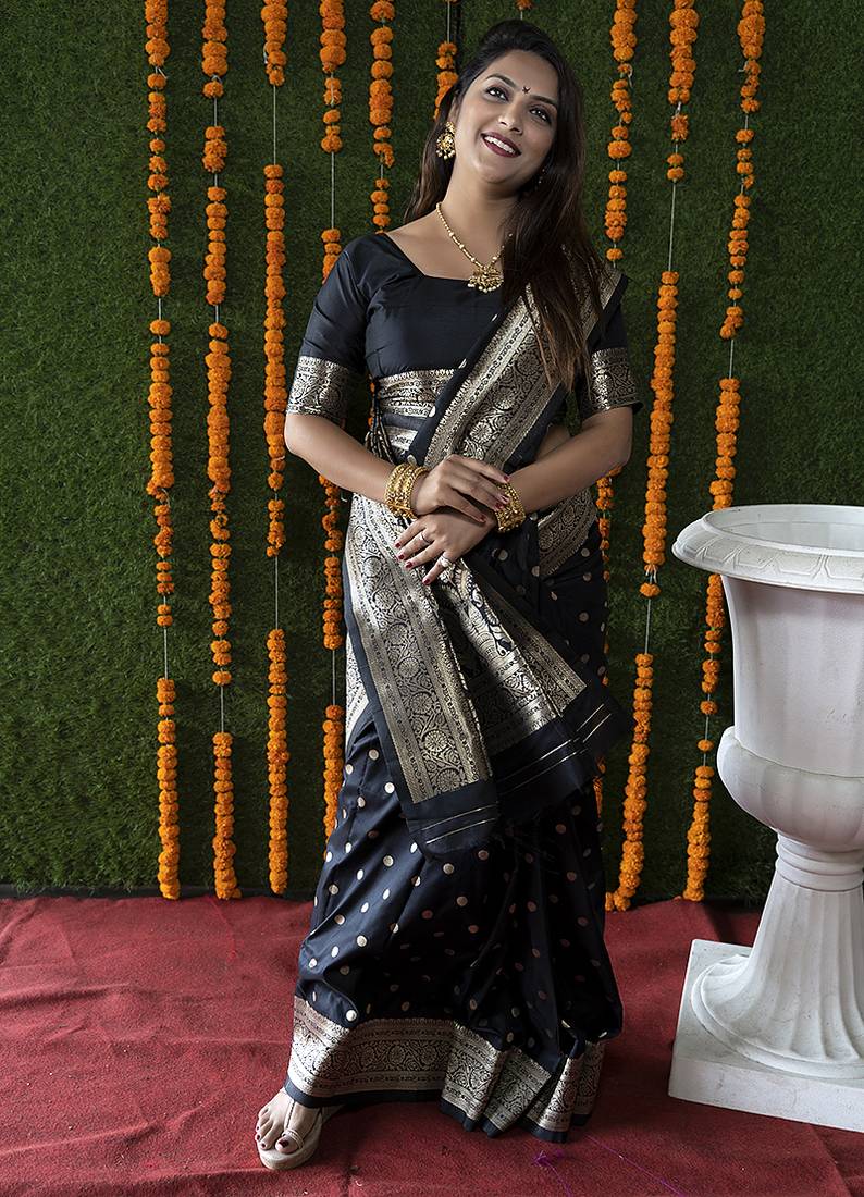 Black woven banarasi silk blend saree with blouse