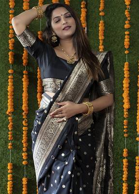 Black woven banarasi silk blend saree with blouse 3