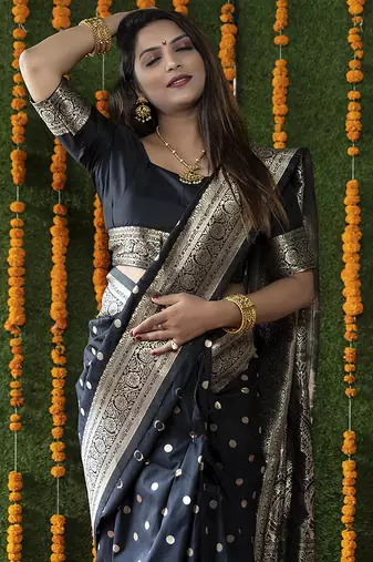 Black woven banarasi silk blend saree with blouse