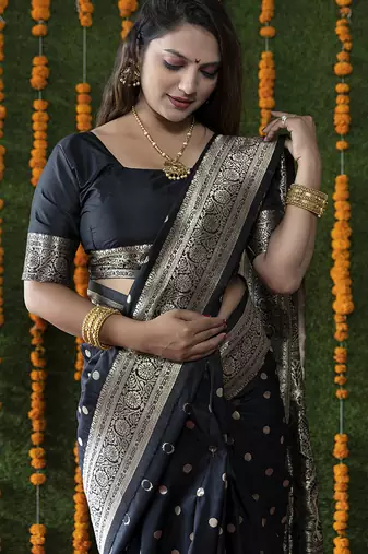 Black woven banarasi silk blend saree with blouse