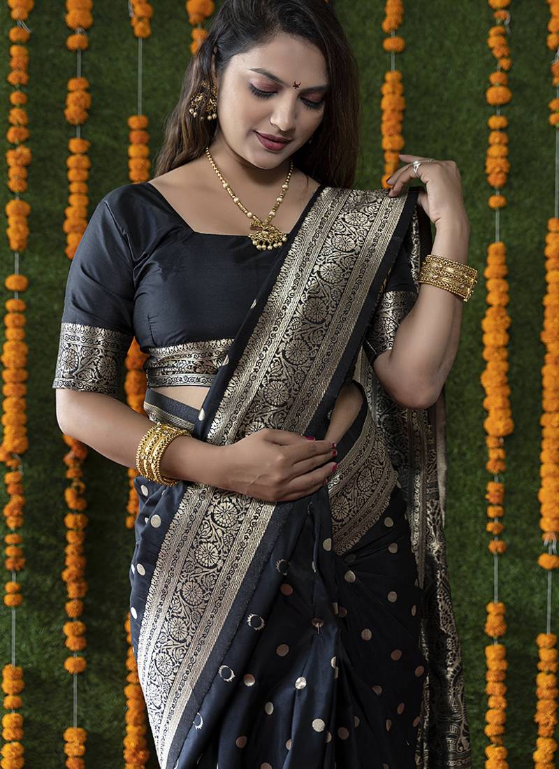 Black woven banarasi silk blend saree with blouse