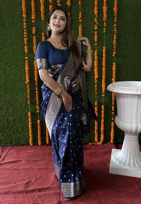 Navy blue woven banarasi silk blend saree with blouse 1