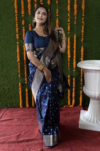 Navy blue woven banarasi silk blend saree with blouse