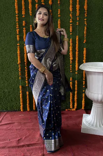 Navy blue woven banarasi silk blend saree with blouse
