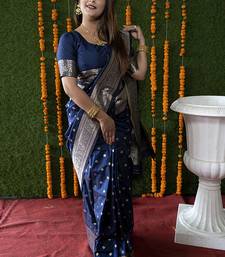 Navy blue woven banarasi silk blend saree with blouse