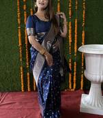 Navy blue woven banarasi silk blend saree with blouse
