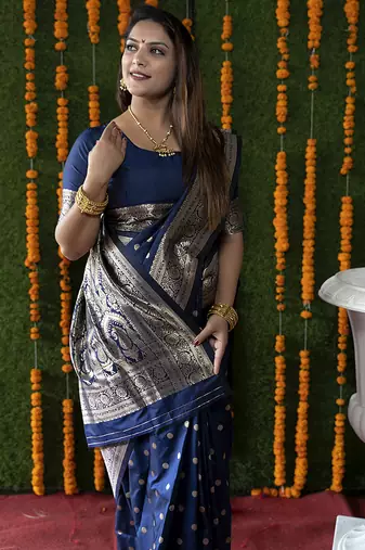 Navy blue woven banarasi silk blend saree with blouse