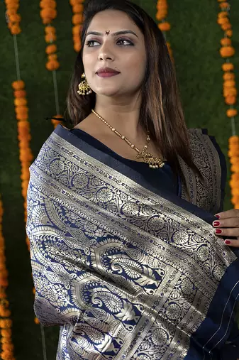 Navy blue woven banarasi silk blend saree with blouse