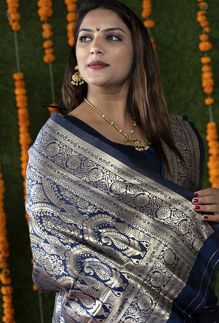 Navy blue woven banarasi silk blend saree with blouse