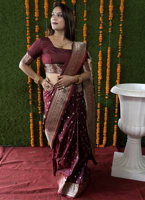 Maroon woven banarasi silk blend saree with blouse 1