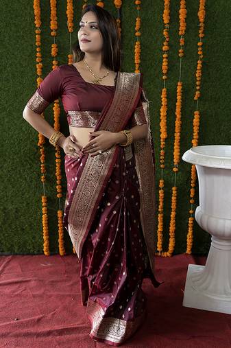 Maroon woven banarasi silk blend saree with blouse