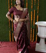 Maroon woven banarasi silk blend saree with blouse