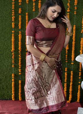 Maroon woven banarasi silk blend saree with blouse 2