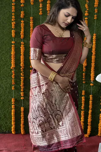 Maroon woven banarasi silk blend saree with blouse