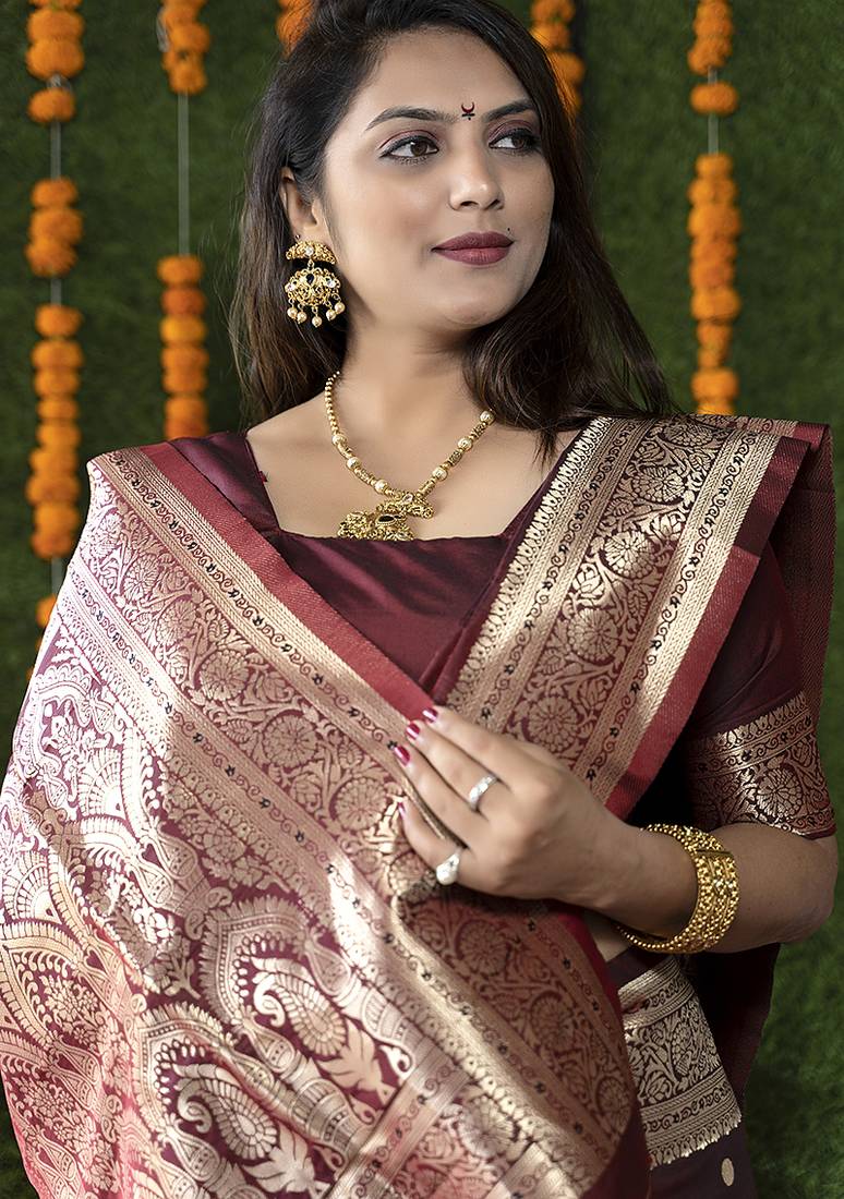 Maroon woven banarasi silk blend saree with blouse