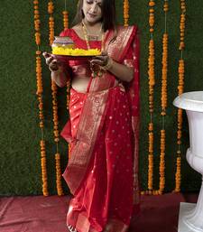 Red woven banarasi silk blend saree with blouse