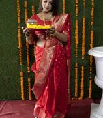 Red woven banarasi silk blend saree with blouse