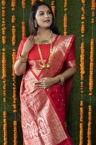 Red woven banarasi silk blend saree with blouse