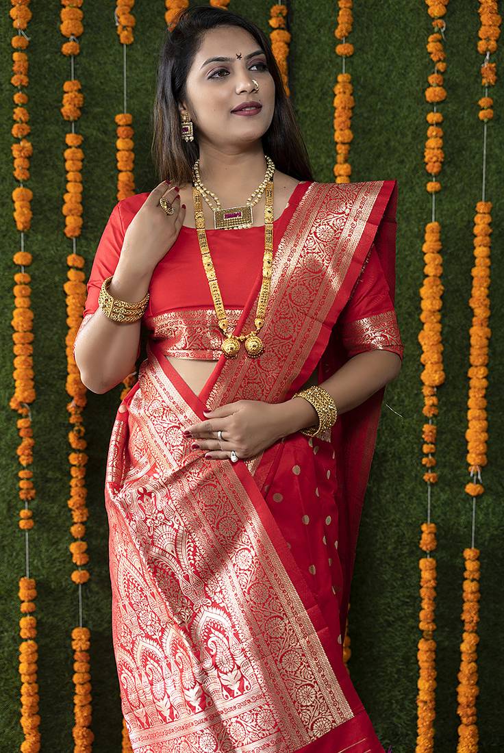 Red woven banarasi silk blend saree with blouse