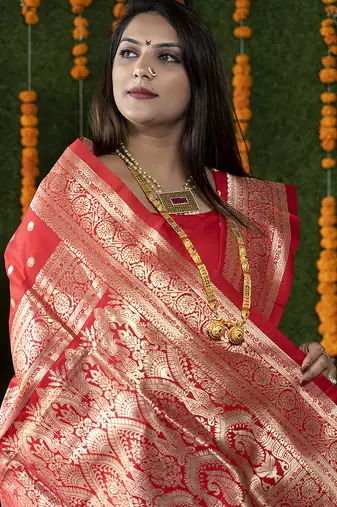 Red woven banarasi silk blend saree with blouse
